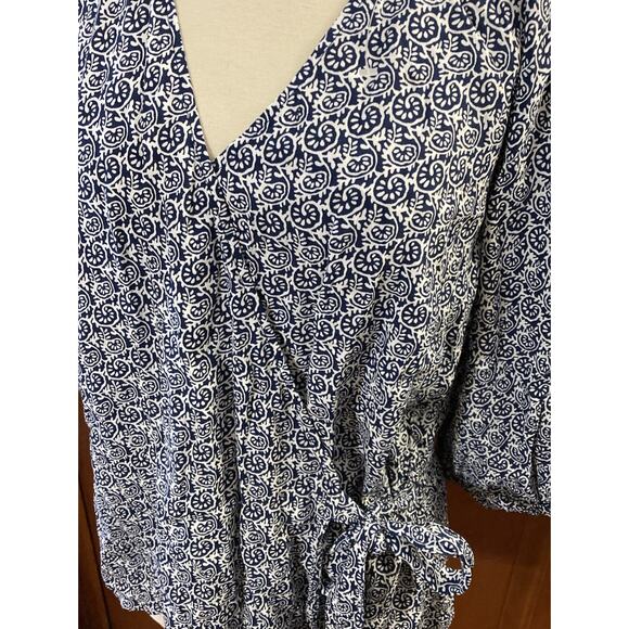 Talbots Faux Wrap Top Sz L NWT Blue White 3/4 Sleeve Tie Waist Coastal Peasant - Picture 5 of 12